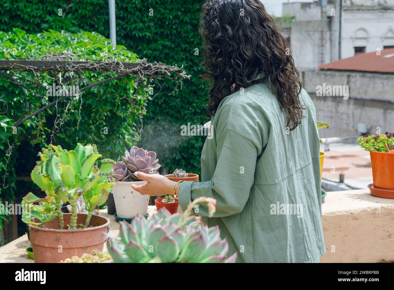 Junge unterhielt lateinische Frau, die auf der Terrasse ihres Hauses stand und Wasser auf ihre Pflanzen mit Sprühgerät sprühte, Naturschutzkonzept, Kopierraum Stockfoto
