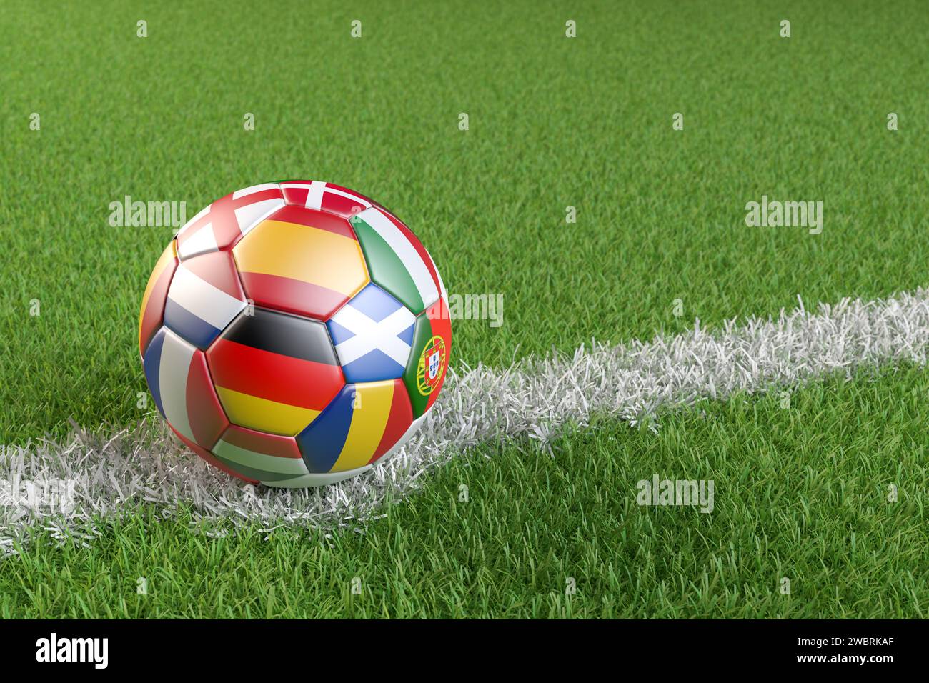 Fußball mit den Fahnen mehrerer Länder, die sich 2024 für die Europameisterschaft in Deutschland qualifiziert haben. Stockfoto
