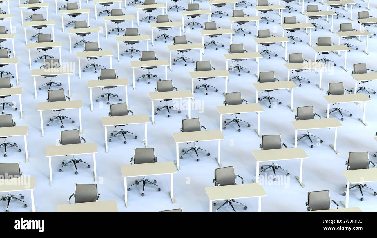 In einem großen Raum gibt es unzählige Schreibtische und Stühle. Vollbild. Konzept für Massenproduktion. Anonymität im Job, ein kleines Zahnrad im Job Stockfoto