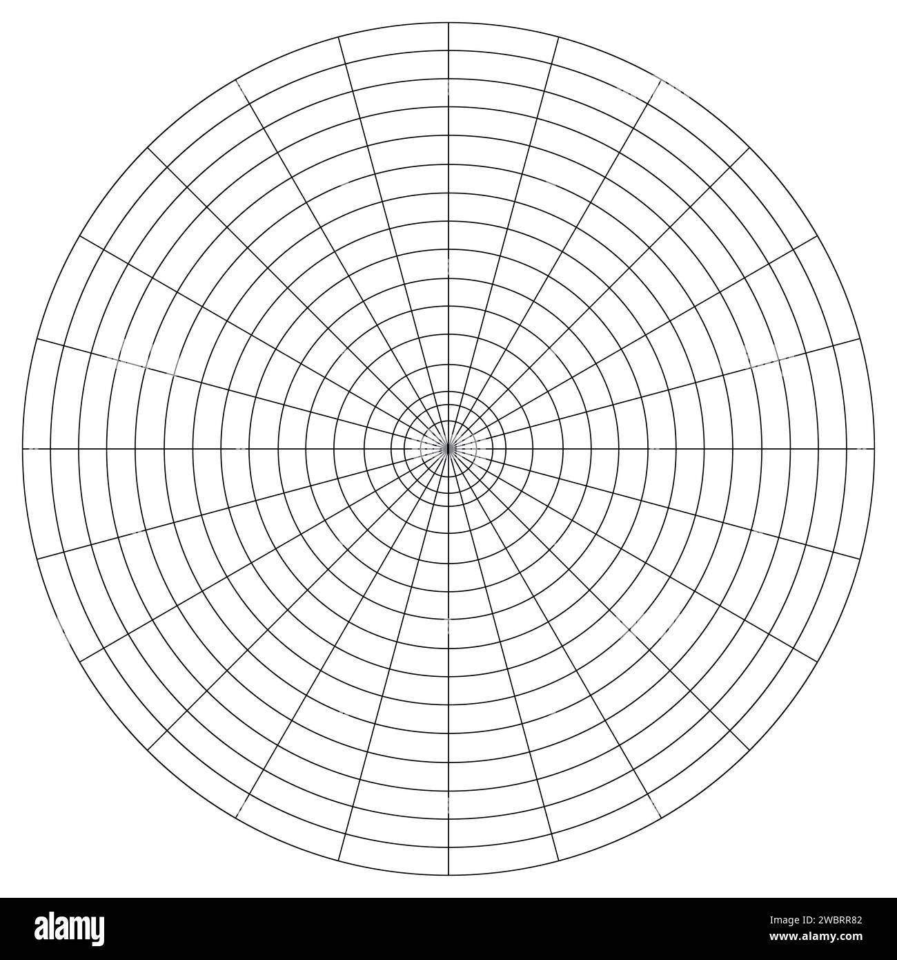 Kreisförmiges Raster mit Polarkoordinaten auf weißem Hintergrund isoliert. 360 Grad Skala. Leeres Polar Graph-Papier. Vektorabbildung. Mathematisches Diagramm Stock Vektor