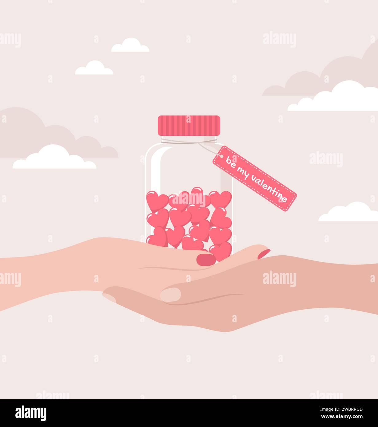 Zwei Paar Hände halten ein Glas voller Herzen zusammen mit dem Tag Be My valentine. Illustration des flachen Vektors Stock Vektor