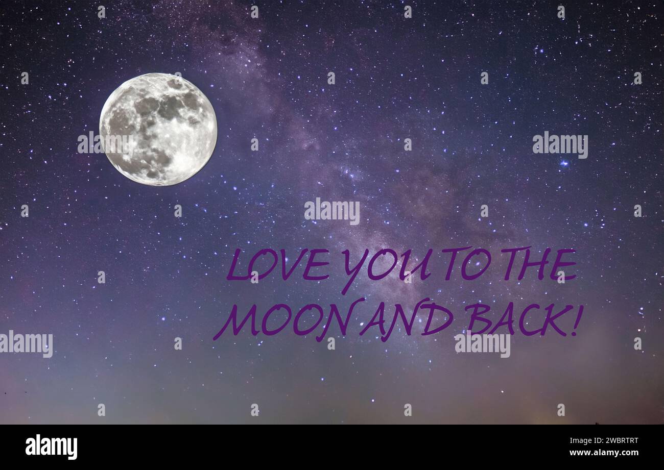 Vollmond und Himmel gefüllt mit Sternen und Text: Liebe dich zum Mond und zurück Stockfoto
