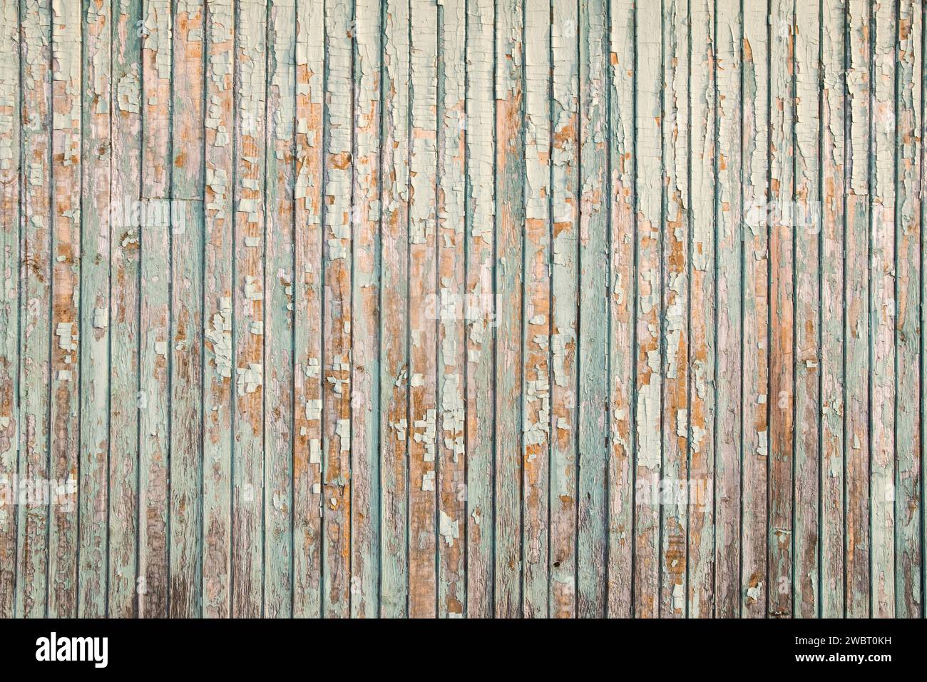 Holzdiele Vintage Bungalow Wand mit alter verwitterter abblätternder Farbe Nahaufnahme als Grunge Hintergrund Stockfoto