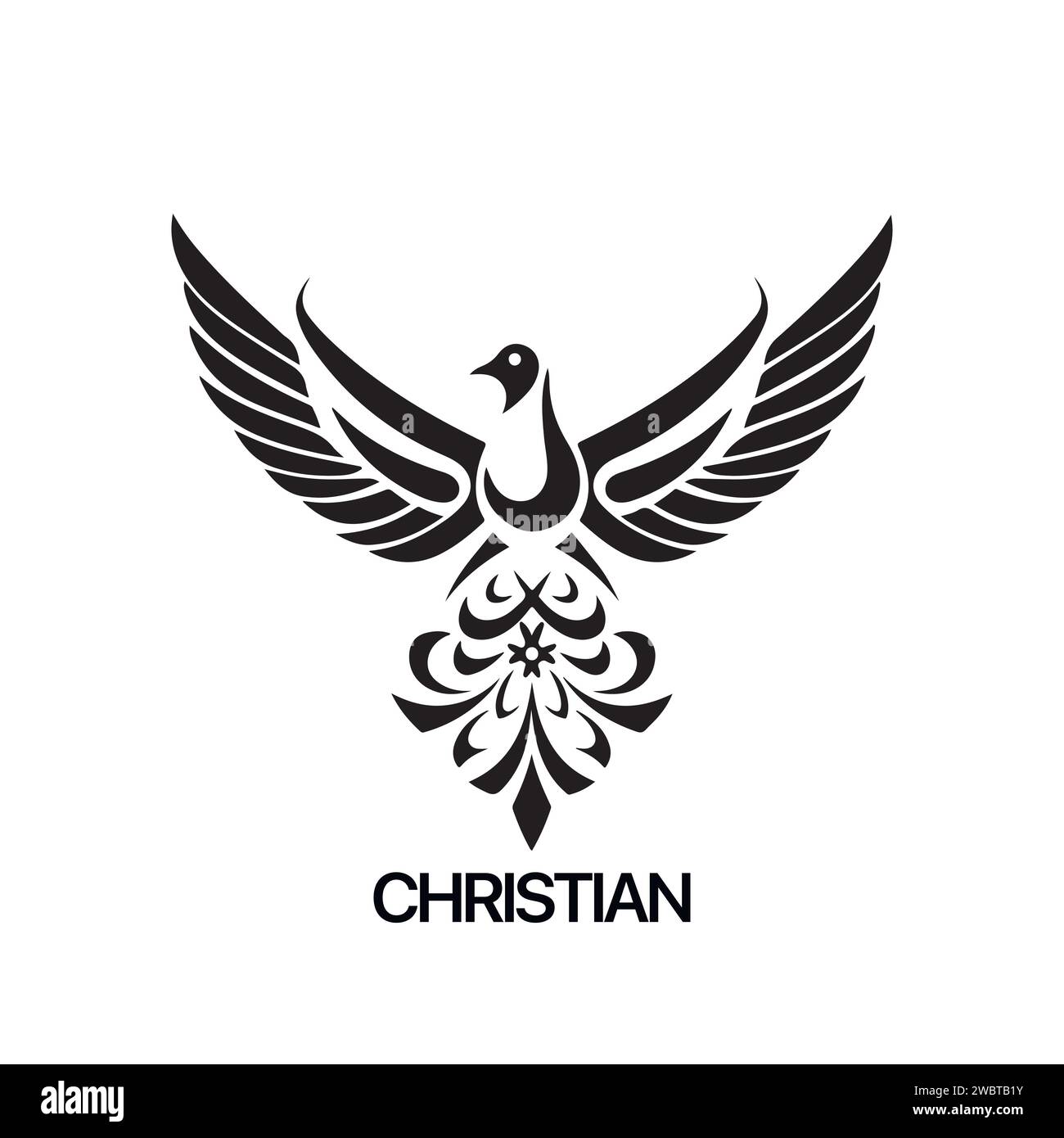 Christian Logo Vorlage mit Taube, Taube. Schwarz-weißes christliches Heiliggeistsymbol Stock Vektor