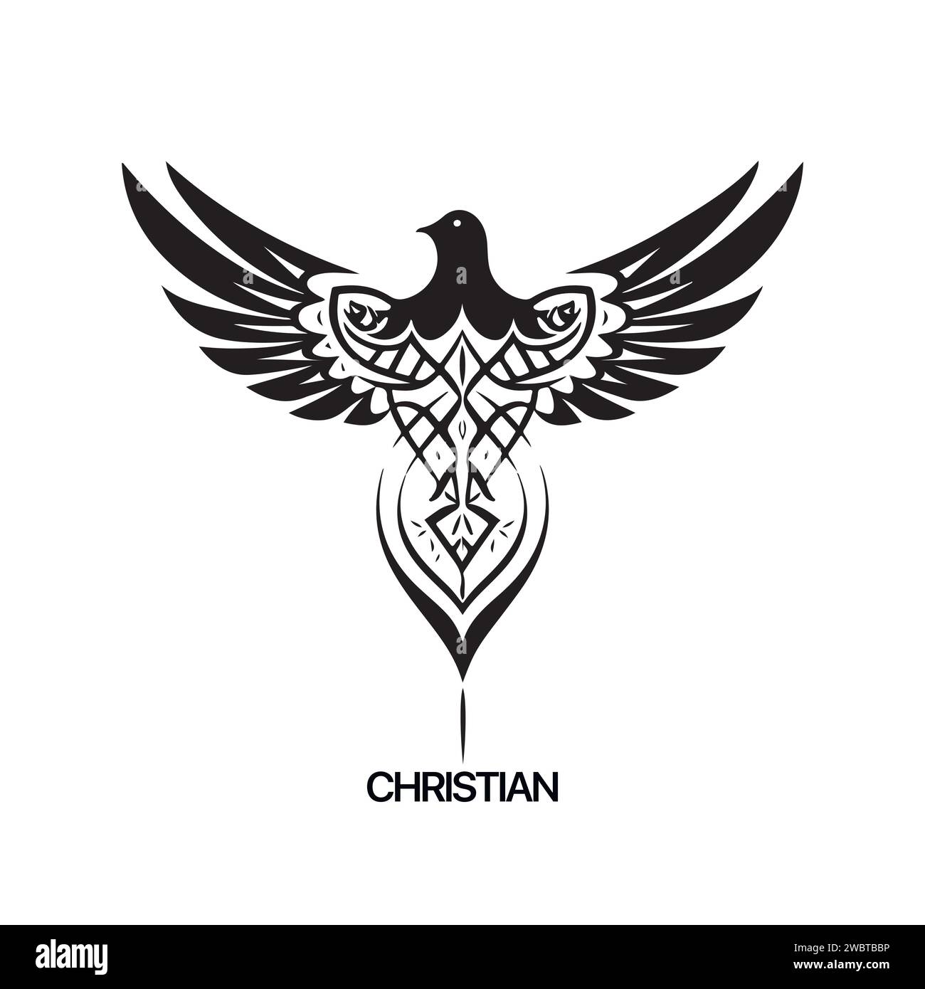 Christian Logo Vorlage mit Taube, Taube. Schwarz-weißes christliches Heiliggeistsymbol Stock Vektor