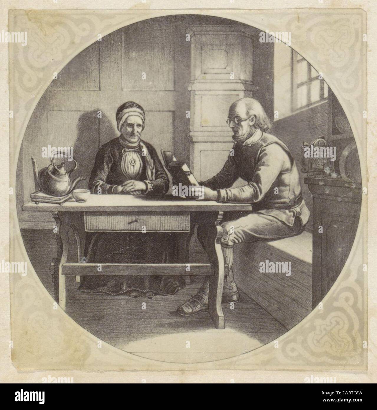 Fotoproduktion von (vermutlich) einem Druck zu einem Gemälde von Adolph Tidemand, Anonym, nach Adolph Tidemand, um 1860 - um 1870 Fotografie Teil des englischen Familienalbums mit Fotos von Menschen, Reisen, Cricket und Kunstwerken. Papier. Fotografischer Support-Albumenabdruck, der jemandem vorgelesen wird. Die Bibel oder andere religiöse Bücher lesen. Das Innere des Hauses Stockfoto