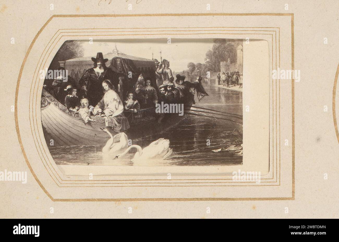 Fotoreproductie van die glücklichen Tage Karls I., anonym, 1870 - 1890 Foto. Visitenkarte dieses Foto ist Teil eines Albums. Pappe. Fotografische Unterstützung Albumendruck Malerei, Zeichnung und grafische Künste, Ruderboot, Kanu usw. Erwachsener Mann. Erwachsene Frau. Wasservögel: schwan Stockfoto