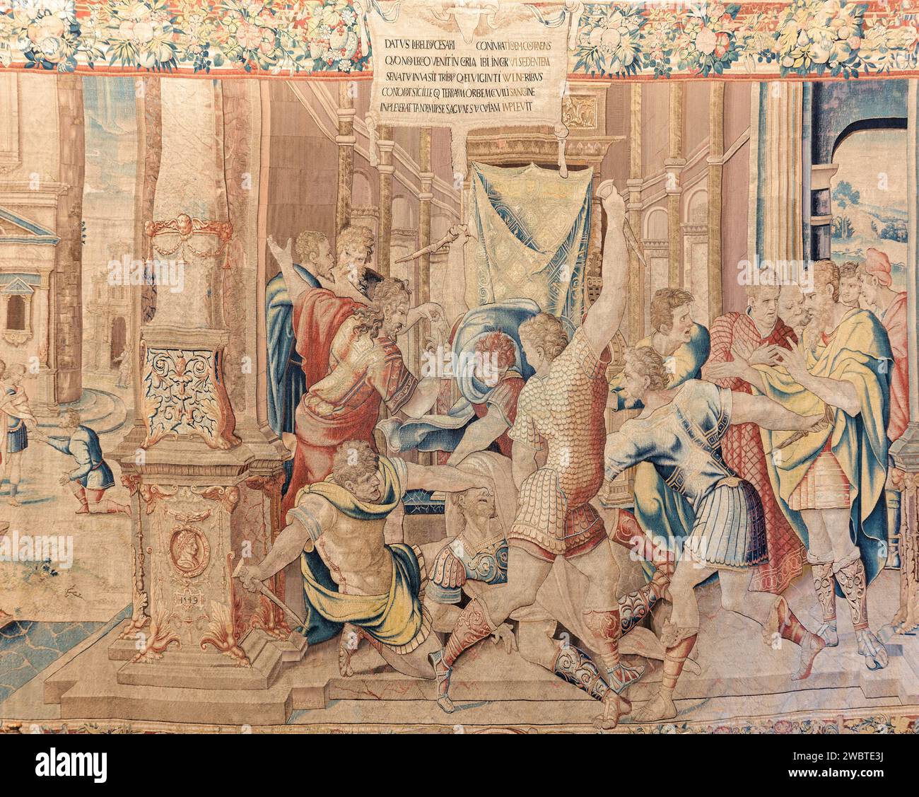 Ermordung von Julius Cäsar; Wandteppiche in der Galleria degli Arazzi, Vatikanmuseum, Rom, Italien. Stockfoto