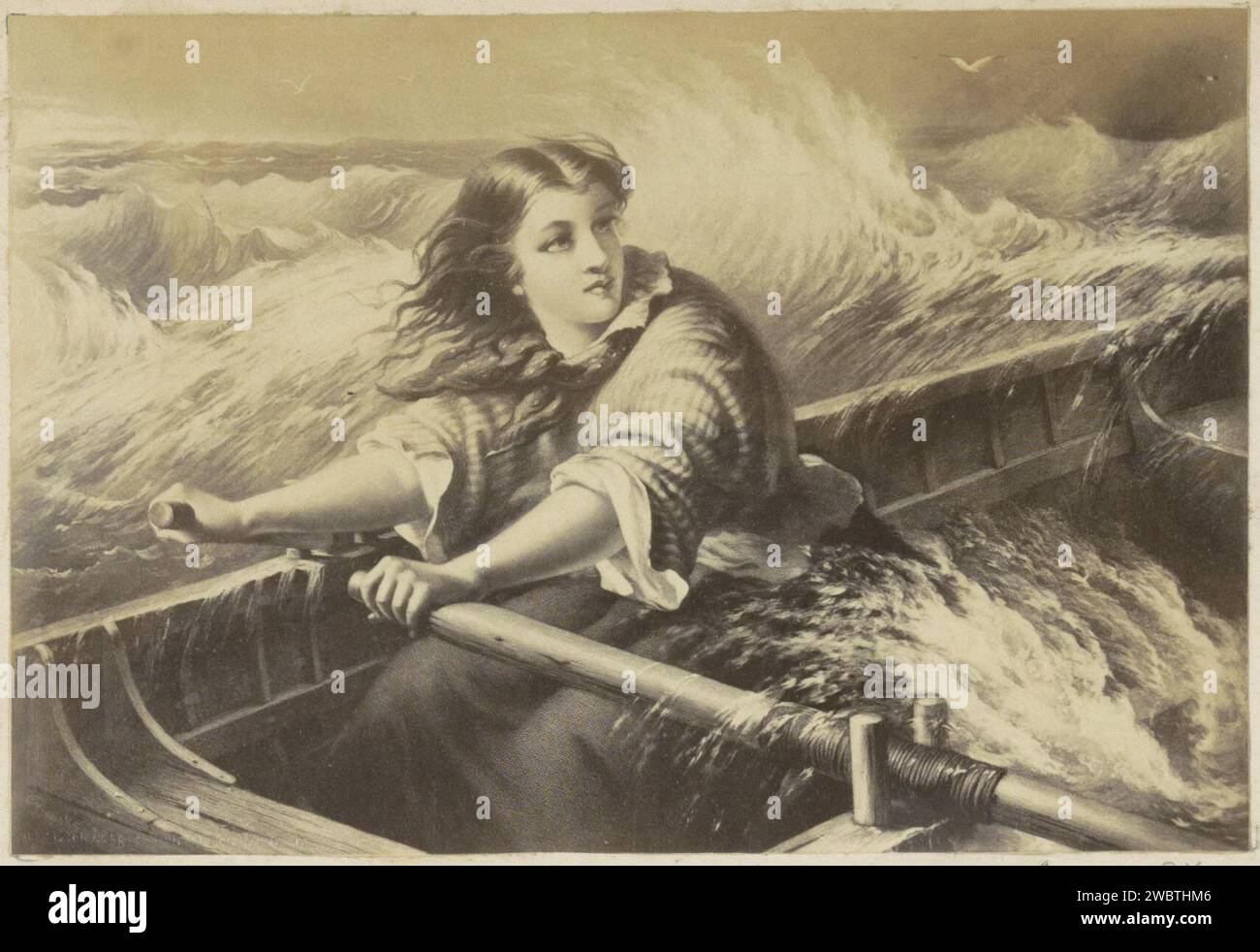 Fotoproduktion (vermutlich) eines Druckes einer rudernden Frau im Sturm, ca. 1850 - ca. 1870 Fotografie Teil des Albums mit Fotos von Sehenswürdigkeiten und Landschaften in England und der Kunst. Englische Zeitung. Fotografischer Trägeralbumendruck Ruderboot, Kanu usw. Stockfoto