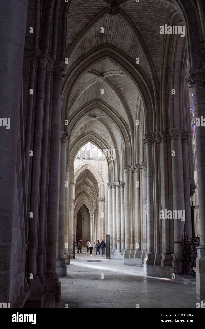 Die Anordnung der massiven Säulen, die die gerippten Gewölbe der Seitenschiffe in der Kathedrale St. Peter und St. Paul, Troyes, Frankreich, stützen, Zwergbesucher. Stockfoto