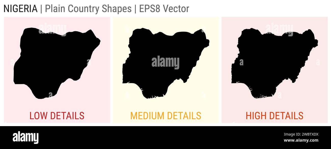 Nigeria - einfache Landform. Niedrige, mittlere und hohe Detailkarten von Nigeria. EPS8 Vektordarstellung. Stock Vektor