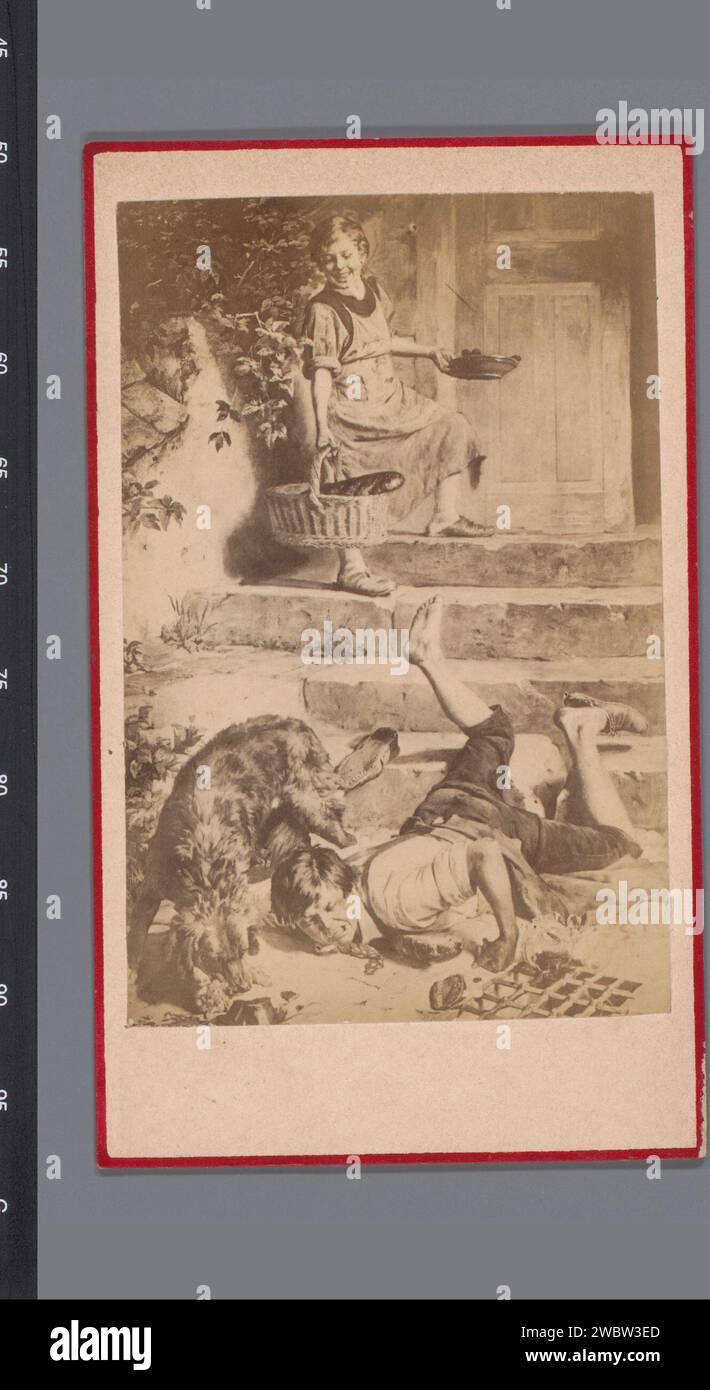 Fotoproduktion des Gemäldes Laughs AM Besten von Toby Edward Rosenthal, Anonym, nach Toby Edward Rosenthal, 1875–1900 Fotografie. Visitenkartenpapier. Junge mit Pappalbumendruck (Kind zwischen Kleinkind und Jugend). Sturz. Lacht Stockfoto