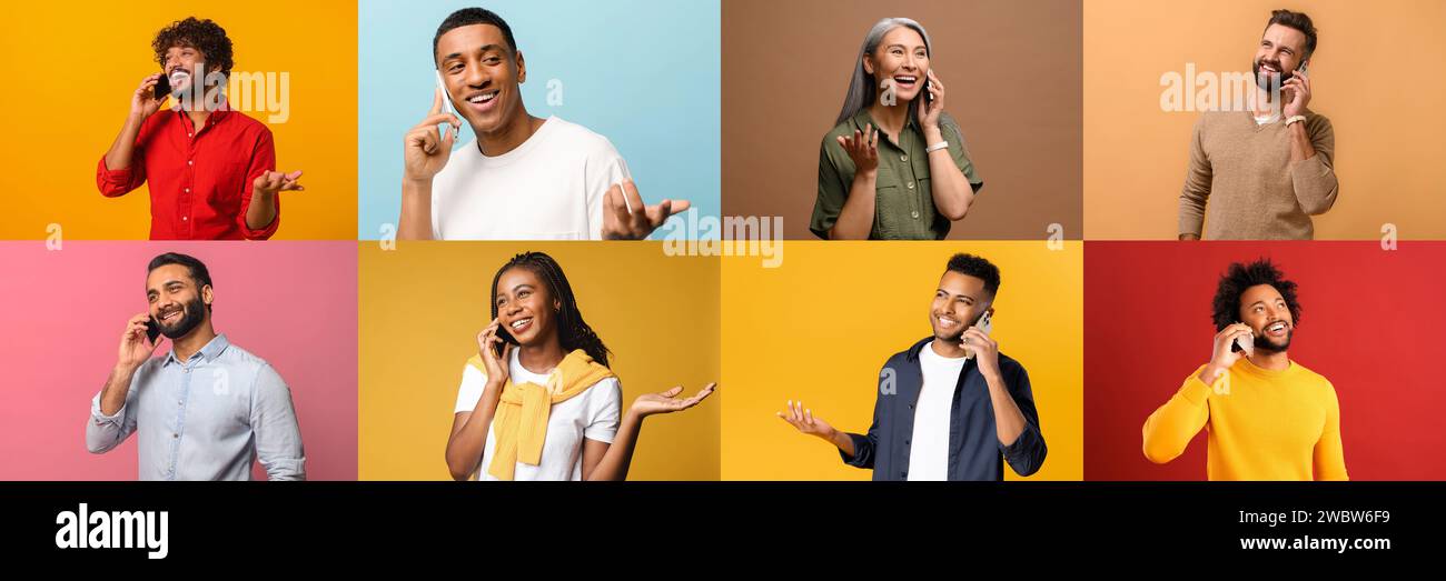 Diese Collage präsentiert Personen unterschiedlichen Alters und Ethnien, die jeweils ein Telefongespräch mit unterschiedlichen Ausdrücken von Glück und Engagement führen Stockfoto