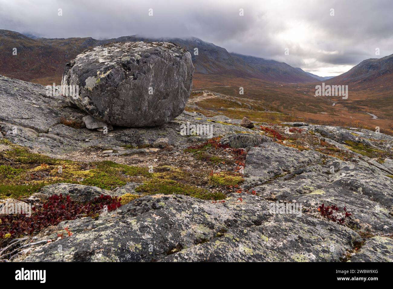 Einzelner Stein, Felsbrocken, abgerundeter Gletscherstein auf der Insel Kvaløya in Troms, Norwegen. Tiefe Gletschertäler mit herbstbunten Bäumen und felsigem Gipfel Stockfoto