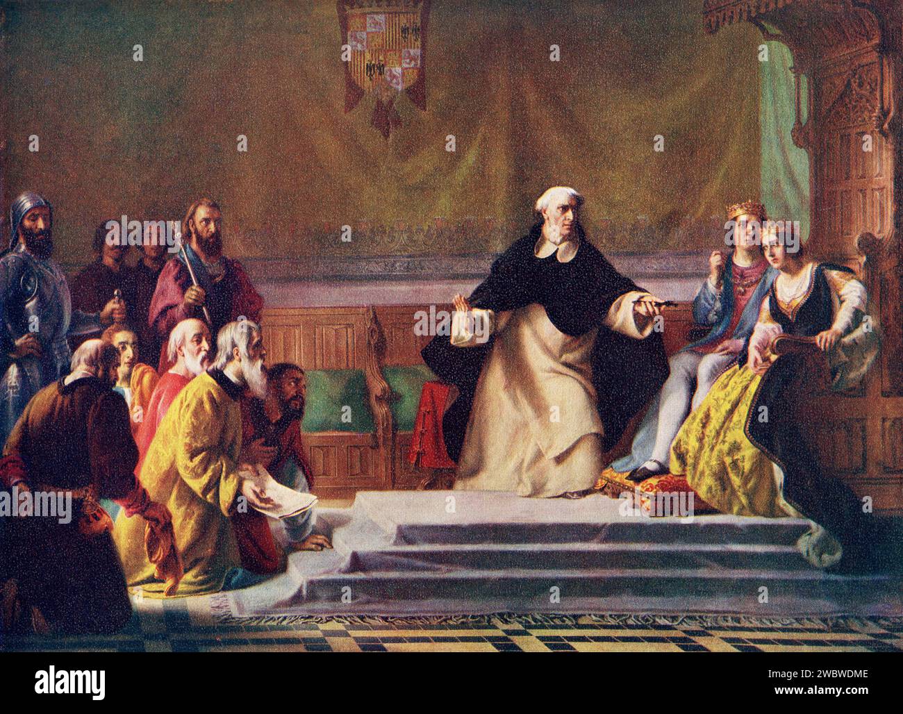 Die Vertreibung der Juden aus Spanien durch Isabella I. von Kastilien und Ferdinand II. Von Aragonien, 31. März 1492. Isaac ben Judah Abravanel, links, bittet die Königin um die Aufhebung des Edikts, aber sie wird vom Großinquisitor Thomas de Torquemada überzeugt, der hier ein Kruzifix hält. Stockfoto