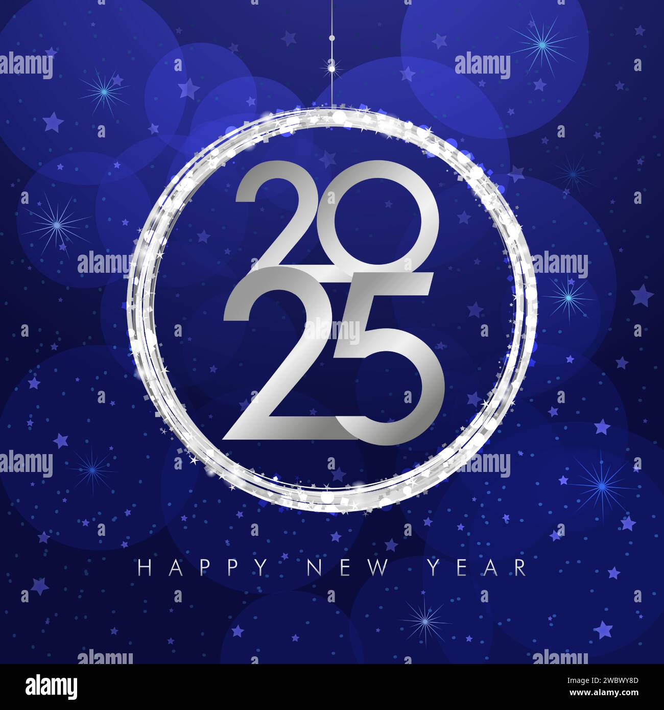 Quadratische Grußkarte mit dekorativem Ball und glänzenden Glitzern für das neue Jahr 2025. Kreative Typografie und Weihnachtsball. Feierabend blauer Hintergrund. Stock Vektor