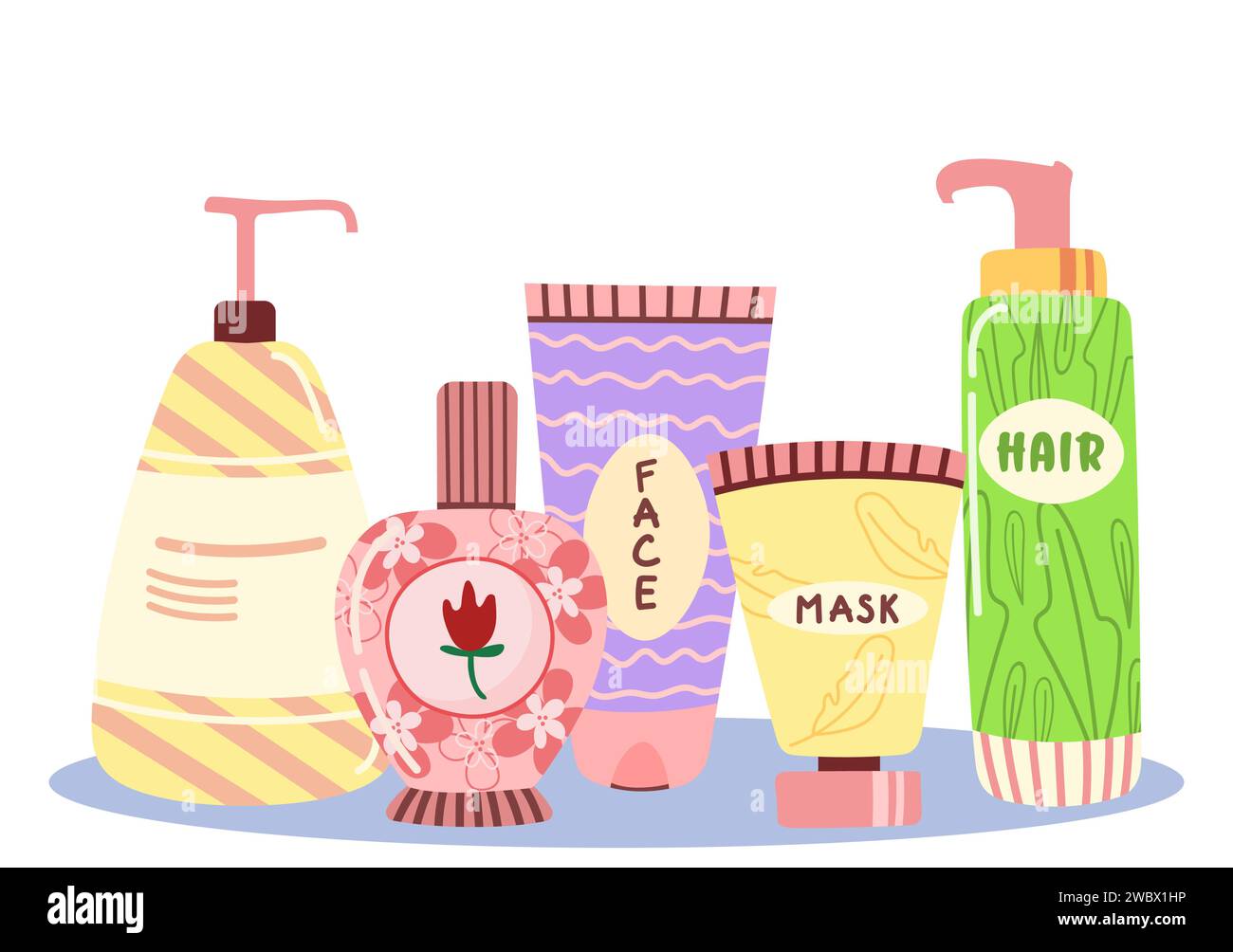 Hautpflegeprodukte Kosmetikset. Naturkosmetik für Haut und Körper in bunten Flaschen, Röhrchen, Gläsern. Illustration der Vektorabwicklung. Trendige Handzeichnung d Stock Vektor