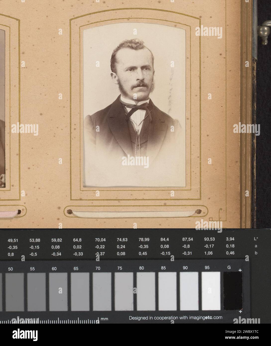 Porträt eines Mannes mit Koteletten, Adolph Meister, 1860 - 1900 Fotografie. Visitenkarte dieses Foto ist Teil eines Albums. Bautzener Karton. Fotografischer Trägeralbumendruck historischer Personen. Koteletten Stockfoto