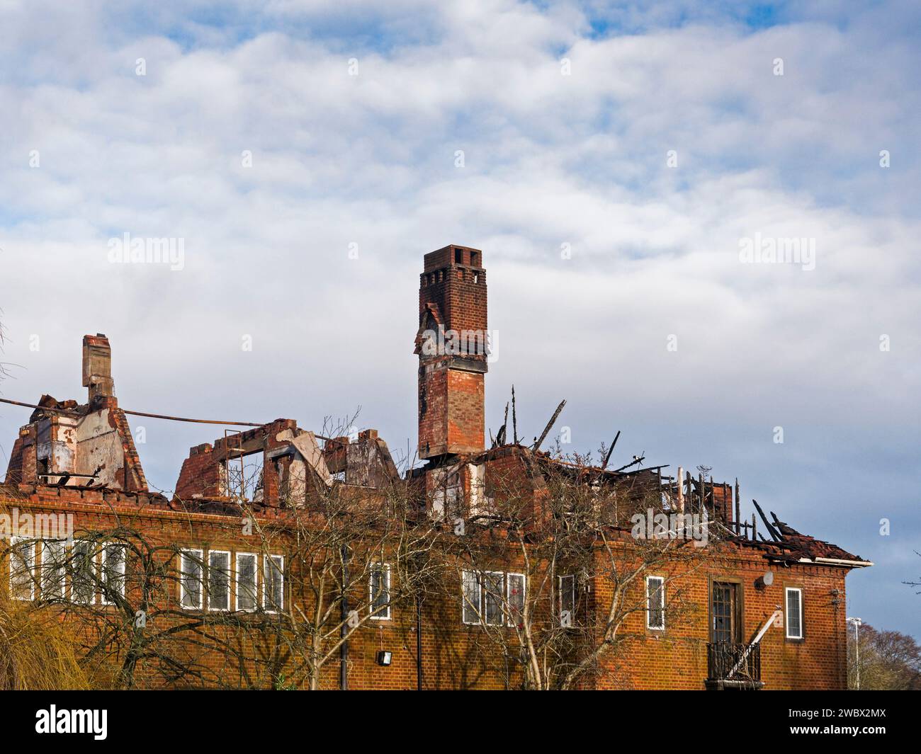 Henderson Hall in High Heaton, Newcastle upon Tyne, Großbritannien nach Brandschäden mit Kopierraum Stockfoto