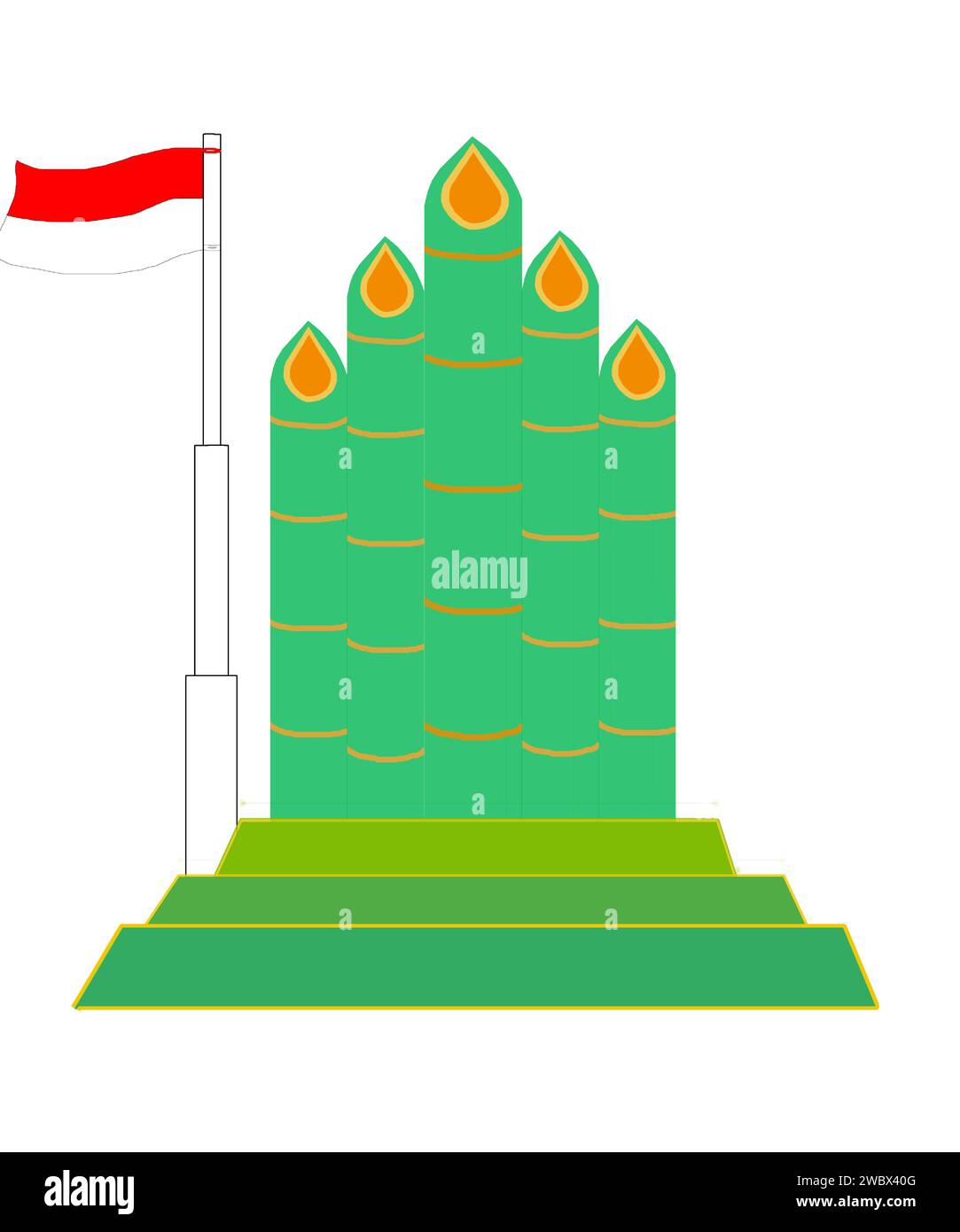 Abbildung eines spitzen Bambus-Monuments mit einem indonesischen Fahnenmast auf der linken Seite. Stock Vektor