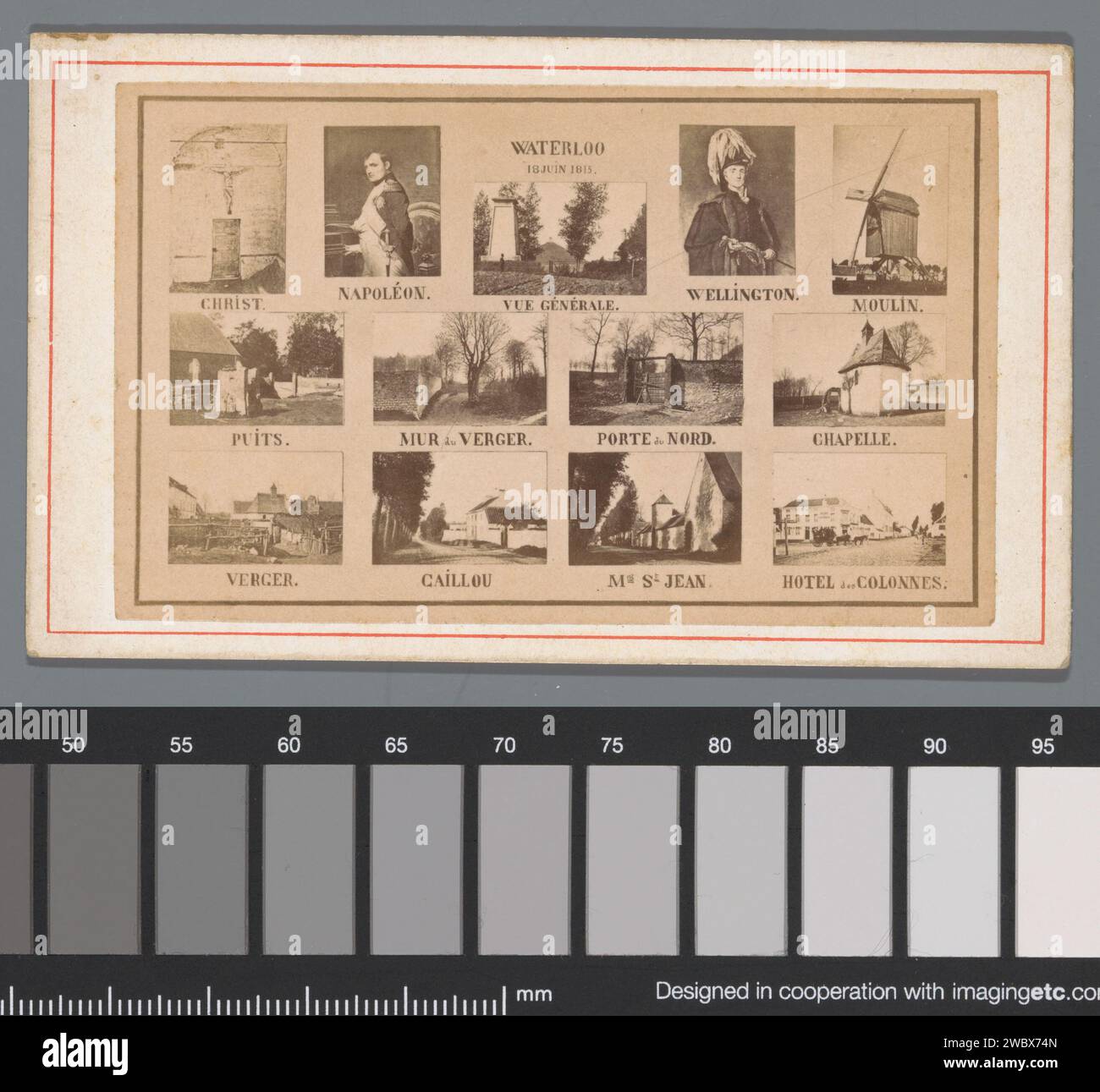 Fotoproduktion eines Blattes mit 11 Fotos und 2 Fotoproduktionen von Gemälden über die Schlacht von Waterloo, Anonym, nach Paul Delaroche, 1855 - 1885 Fotografie. Visitenkartenpapier. Poster mit Albumendruck aus Karton Stockfoto