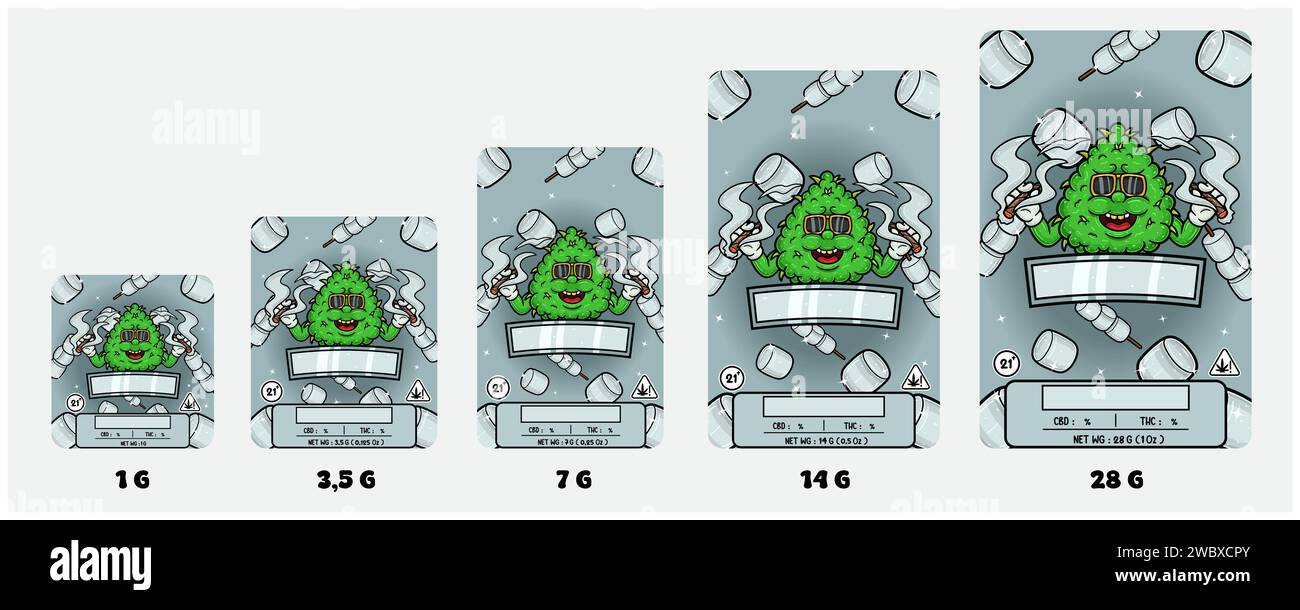 Marshmallow-Sorten und Weed Bud mit Smoking Mascot Cartoon. Produktverpackung Abdeckungsset mit 1G, 3,5G, 7G, 14G und 28G. Skalierbare Größe Ohne Losin Stock Vektor