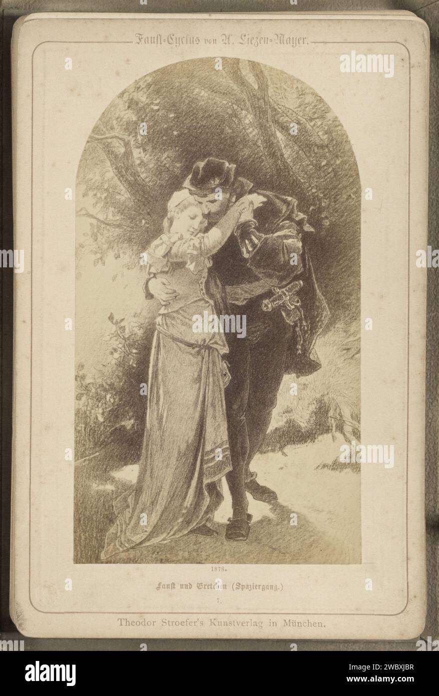 Fotoproduktion (vermutlich) einer Zeichnung mit dem Titel 'Walk of Faust and Gretchen', 1878 Fotografie Teil des Albums mit 30 Fotoproduktionen von Zeichnungen der Faust-Geschichte von J. W. von Goethe. Münchner Papier. Unterstützung für Fotos. Faust aus Karton mit Albumendruck. Gretchen. Gehen Stockfoto