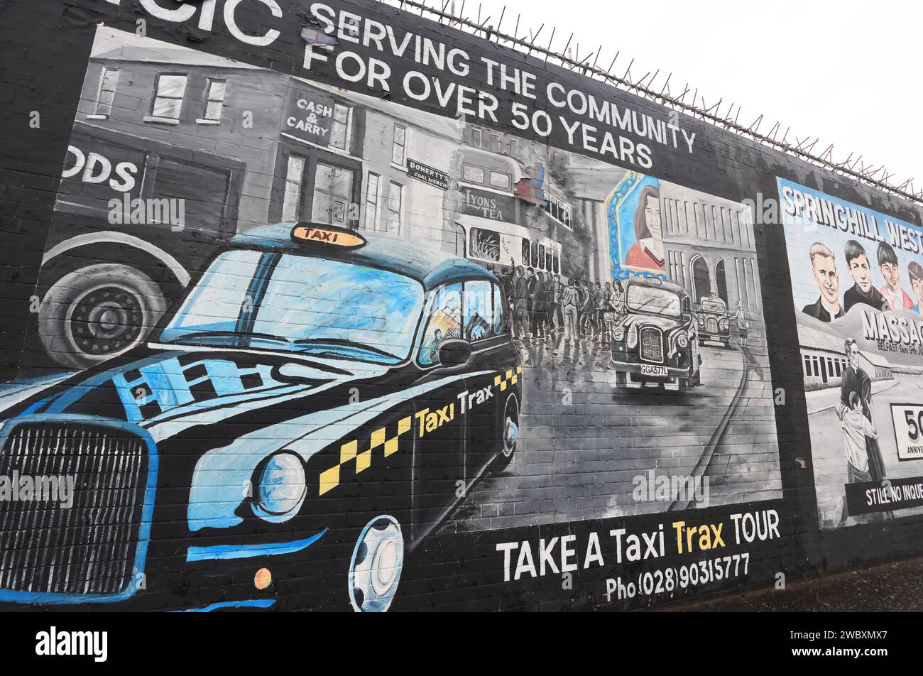 Straßengemälde für Black Cab Taxis in der Falls Road Area in West Belfast, berühmt als nationalistisches und republikanisches Gebiet für die Katholiken, NI, Stockfoto