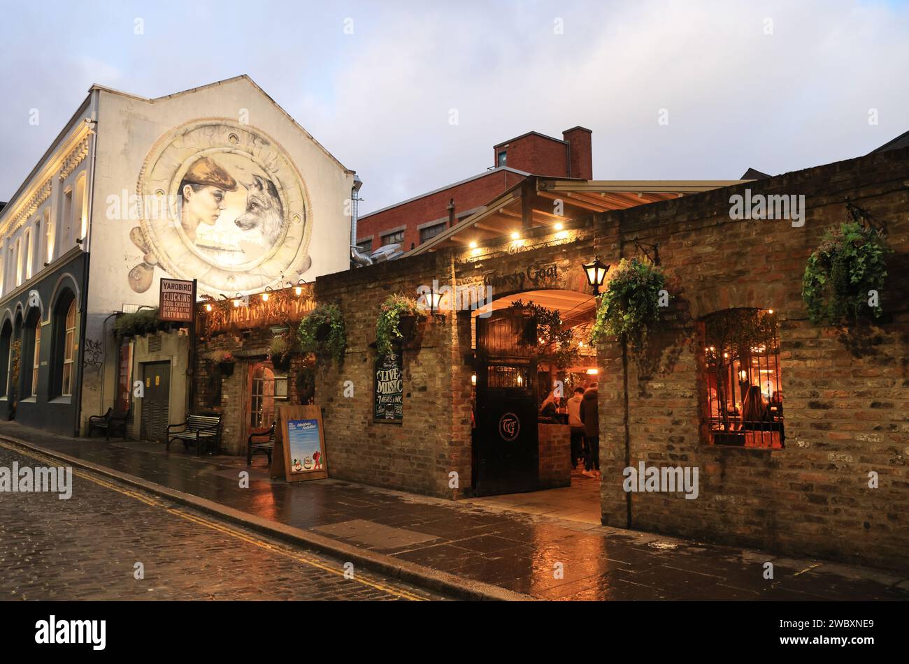 Der Dirty Onion & Yardbird Traditional Pub, in Belfasts ältestem Gebäude, mit dem Wandgemälde still Water, von Nomad Clan, an einem Giebelende Beyond, NI, UK Stockfoto