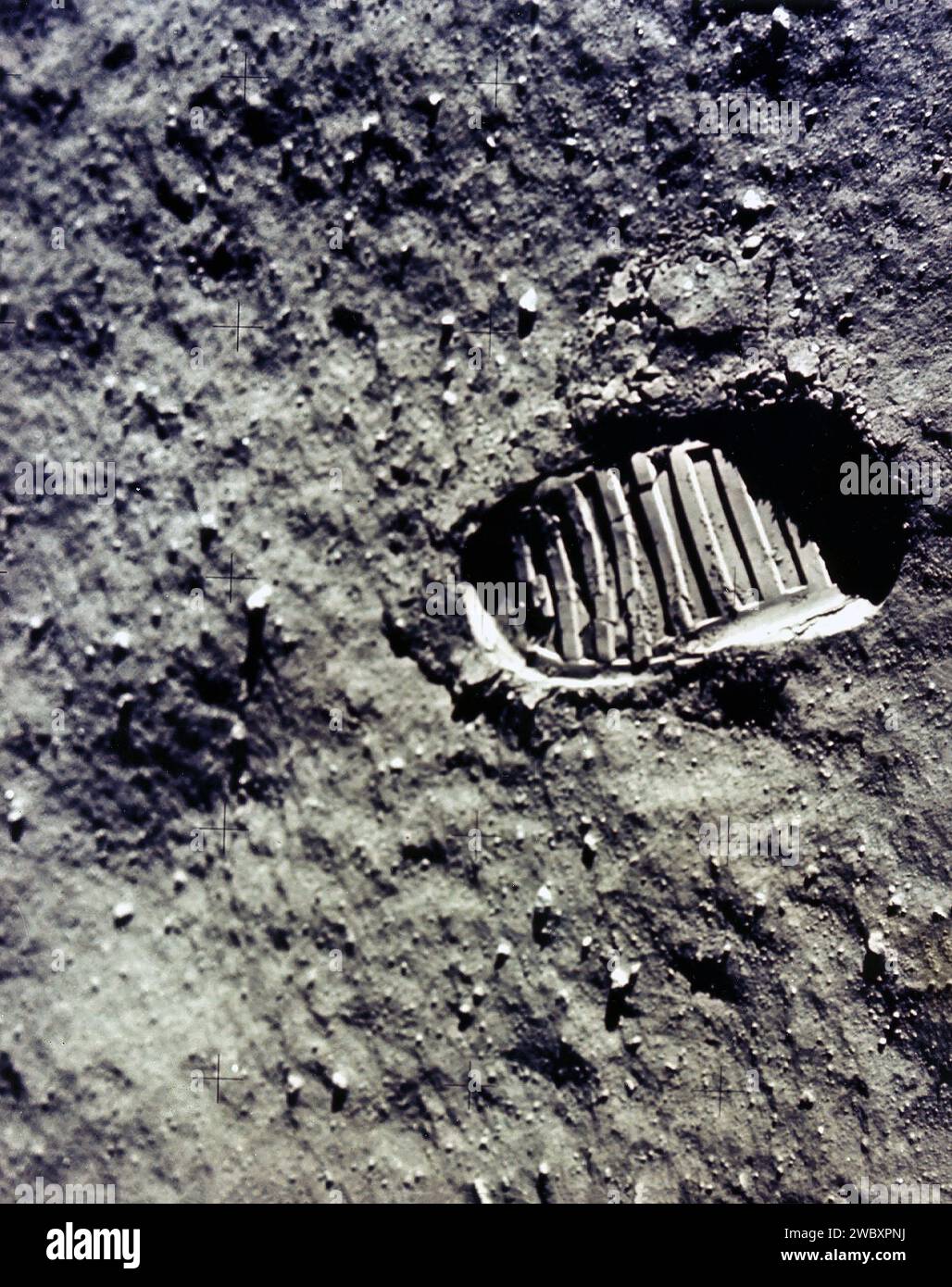 Erster menschlicher Fußabdruck auf der Mondoberfläche während der Raummission Apollo 11, Johnson Space Center, NASA, 21. Juli 1969 Stockfoto