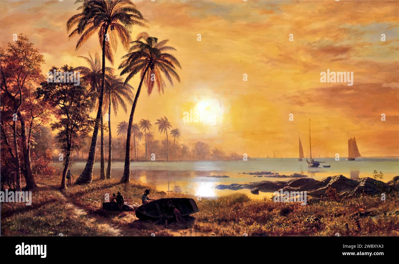 Tropische Landschaft mit Fischerbooten in der Bucht (Gemälde) des Künstlers Albert Bierstadt (1830 - 1902). Stock Vektor