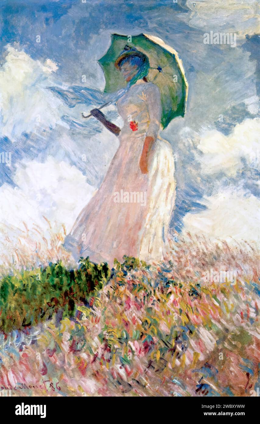 Frau mit Parasol wandte sich nach links 1886 (Gemälde) des Künstlers Monet, Claude (1840–1926) Französisch. Stock Vektor