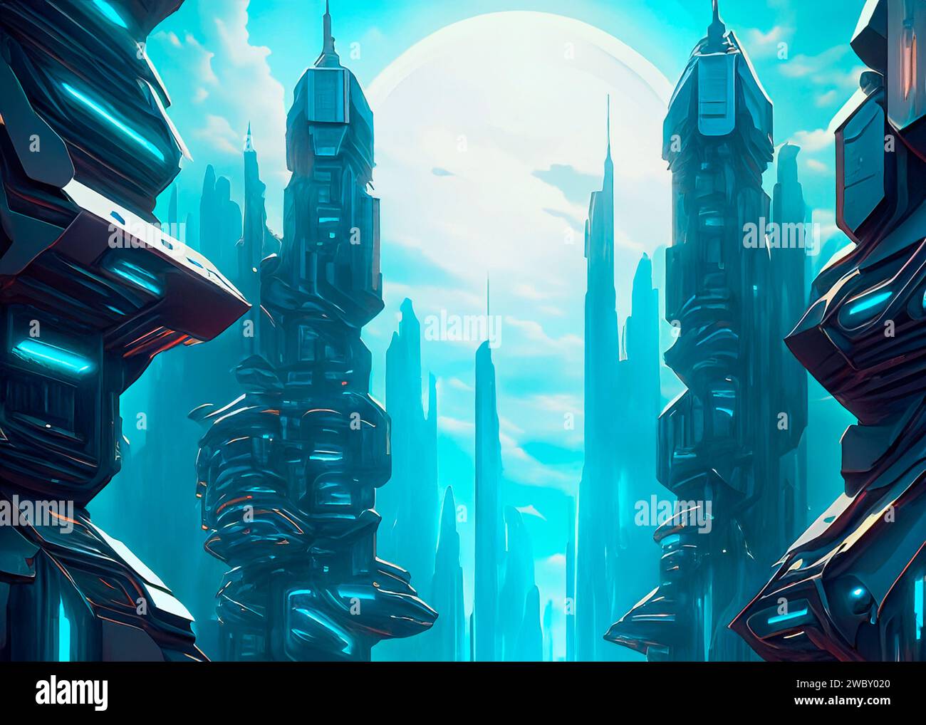 Illustration der Fantasy-Stadt auf dem Exoplanetenkonzept Stockfoto