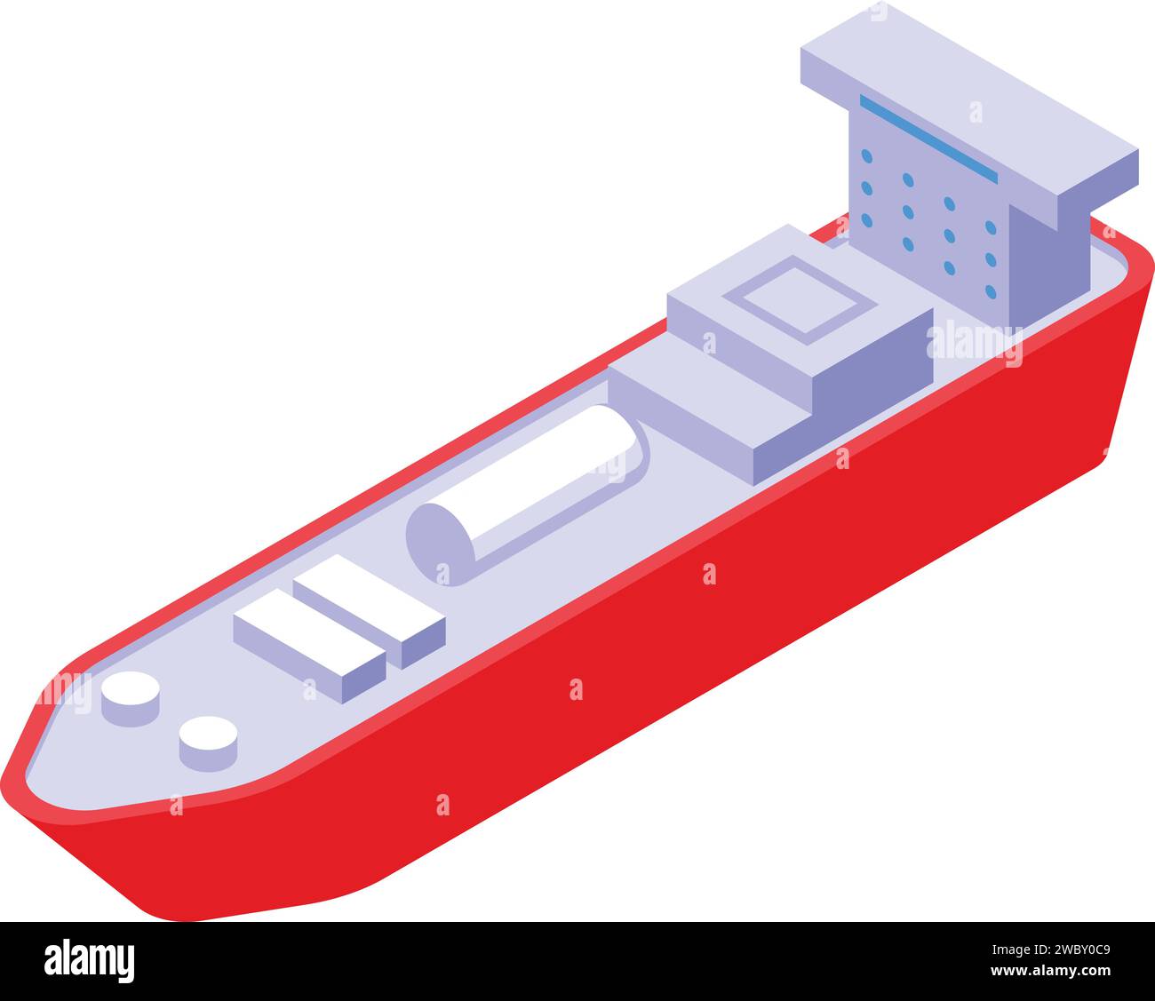 Isometrischer Vektor des roten Trägers. Kraftstofffahrzeug. Frachtcontainer im Hafen Stock Vektor