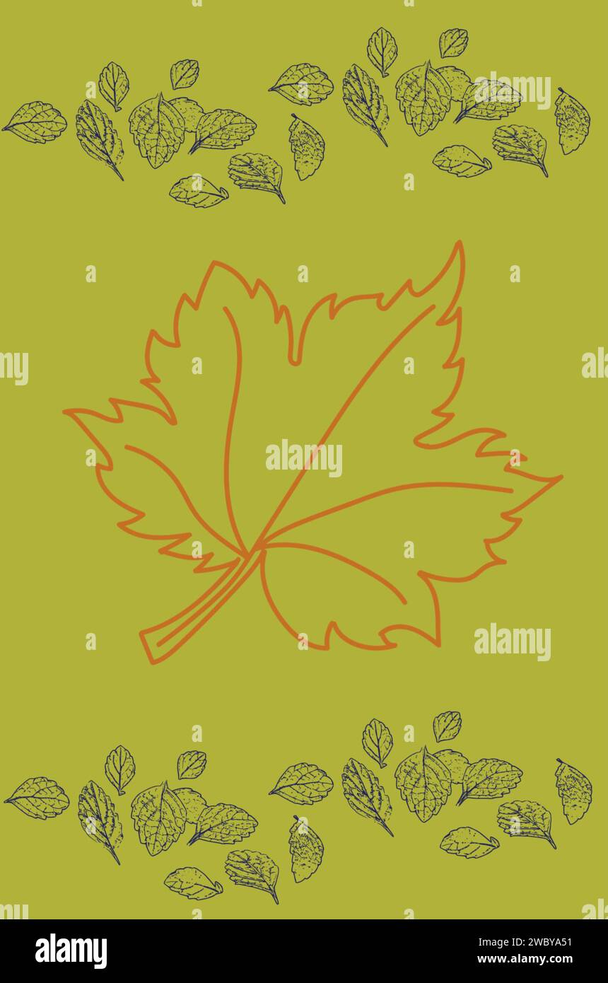 Eine minimale Zeichnung eines großen mittleren Blattes mit kleineren Blättern an den Rändern mit hellgrünem Hintergrund, Herbsttapete, Herbstblätter. Stock Vektor