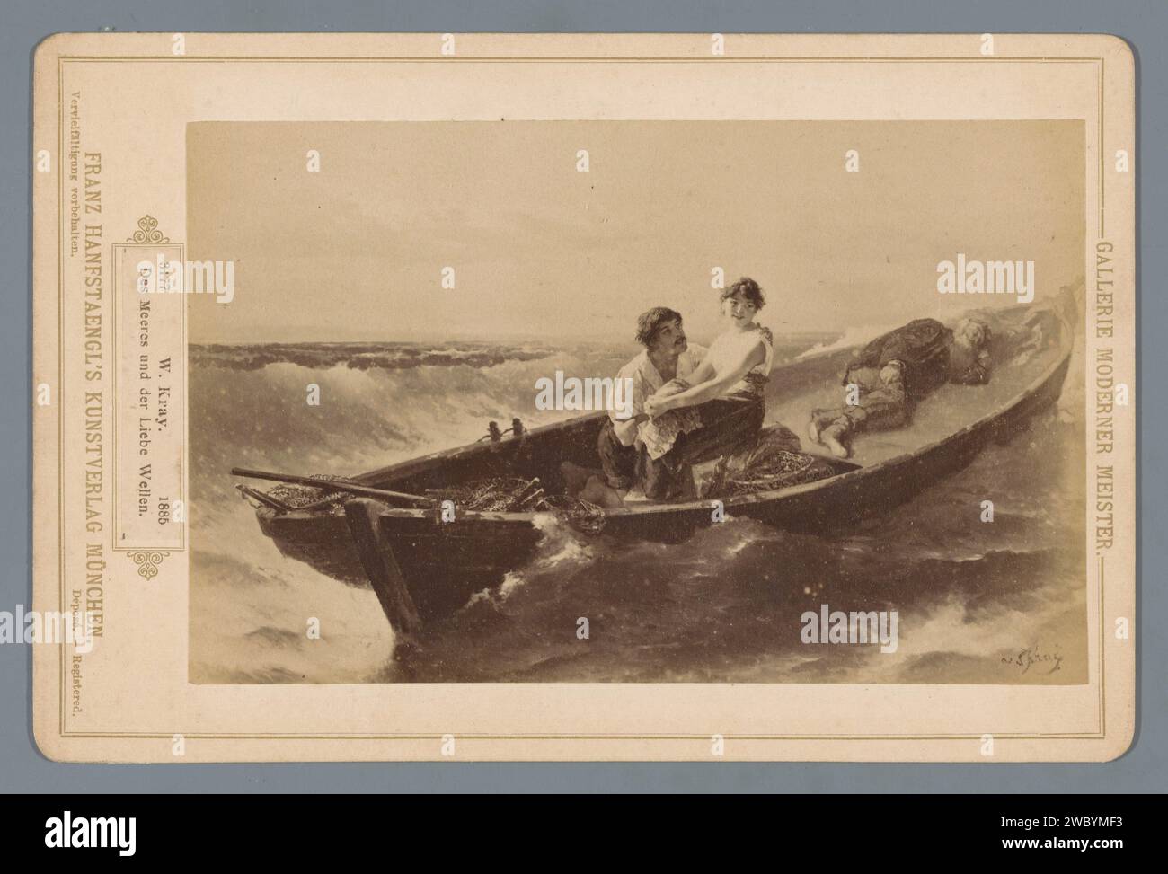 Fotoproduktion eines Gemäldes eines Mannes und einer Frau und eines schlafenden Mannes auf einem Ruderboot auf See, anonym, nach Wilhelm Kray, um 1885 - um 1910 Kabinettfotograf: Deutschlandverlag: Münchner Karton. Fotografischer Trägeralbumendruck Ruderboot, Kanu usw. Ein paar Liebhaber Stockfoto