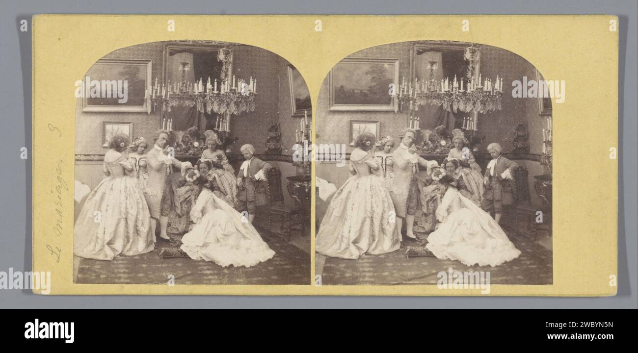 Vorbereitungen für eine Hochzeit, Charles Paul Furne (zugeschrieben), Stereogramm 1859 wahrscheinlich Teil der „UN Mariage Sous Louis XV“-Serie. Franziskus: Pariser Pappe. Papieralbumendruck elterliche Segen und Ermahnungen Frankreich Stockfoto