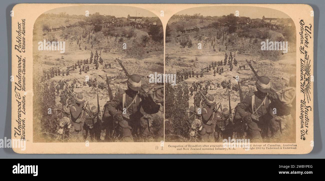 View of Brandforts Aufnahme durch kanadische, australische und neuseeländische Soldaten, Anonym, Stereograph Brandfortpublisher: New York (City) (möglicherweise) Karton aus dem Jahr 1900. Papieralbumendruck Besetzung  Krieg Brandfort Stockfoto