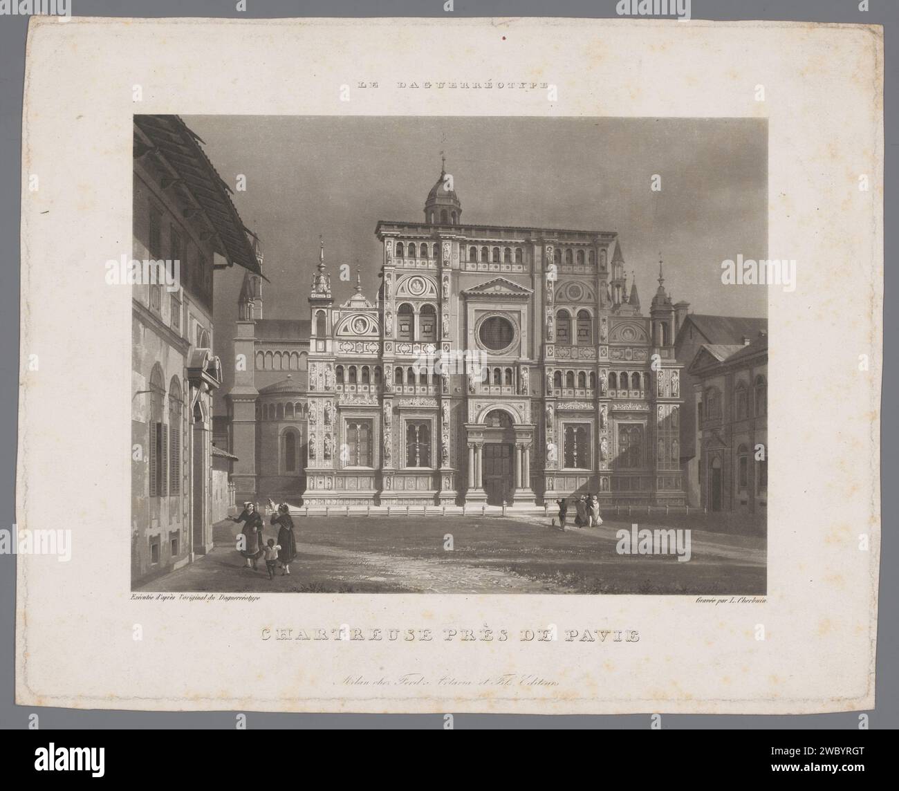 Blick auf das Kloster Certosa di Pavia, Louis Cherbuin, nach Anonym, 1840 - 1847 Druck Malib Abbey, Kloster, Kloster  römisch-katholische Kirche Certosa di Pavia Stockfoto