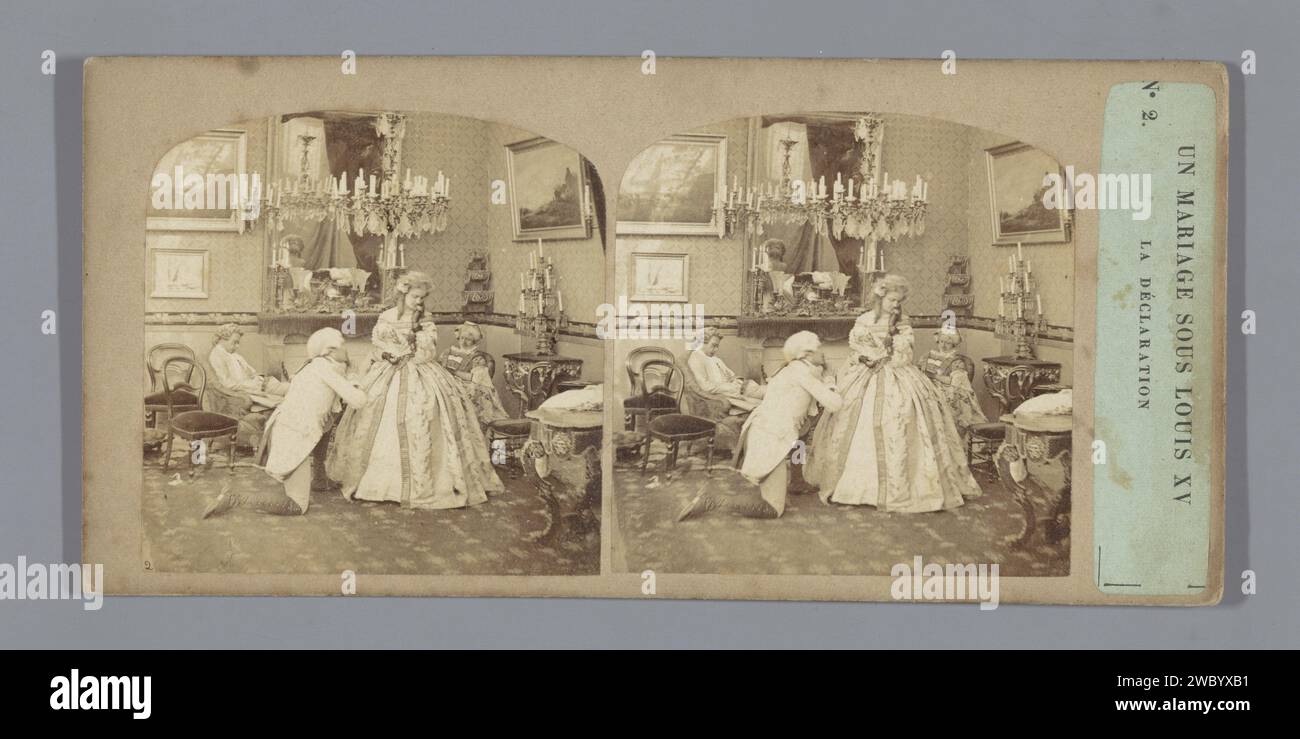 Theatervorstellung eines Heiratsantrags basierend auf dem Stück UN Mariage Sous Louis XV von Alexandre Dumas, Charles Paul Furne (zugeschrieben), Stereogramm Europa-Karton 1859. Fotografische Trägeralbumendruckvorlage, Liebeserklärung Europa Stockfoto