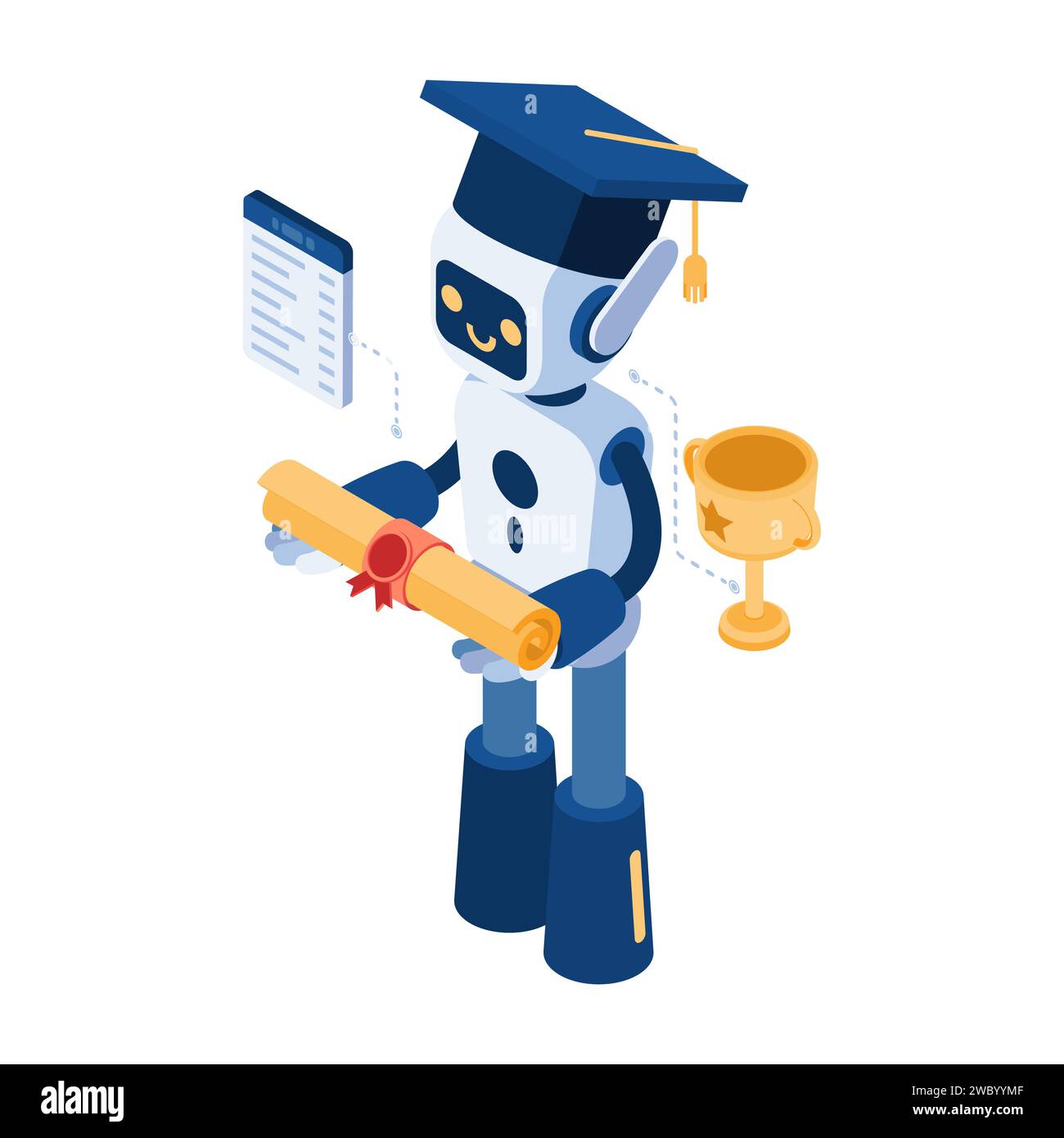 Flacher isometrischer 3D-AI-Roboter mit Graduierungskappe und Diplom. Künstliche Intelligenz KI und maschinelles Lernen. Stock Vektor
