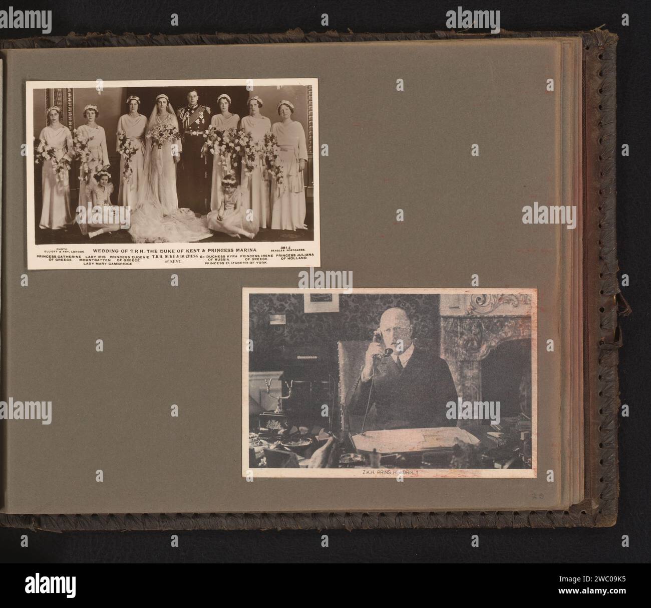 Zwei Postkarten anlässlich der Hochzeit von Prinz George und Prinzessin Marina und zum Gedenken an Prinz Hendrik, Elliott & Fry, 1934 fotografieren diese Fotos sind Teil eines Albums. London Baryta Paper. Papiergelatine Silberdruck Ehe, verheiratetes Paar, 'Matrimonium'. Erwachsener Mann Stockfoto