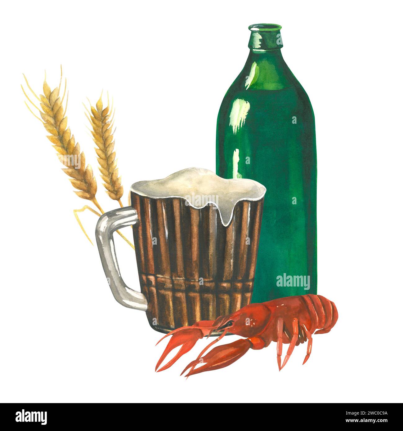Aquarellkomposition von Illustrationen einer grünen Glasflasche, eines Bechers Bier, gekochter Flusskrebse und eines Ohres Gerste. Isoliert auf weißem Hintergrund Stockfoto
