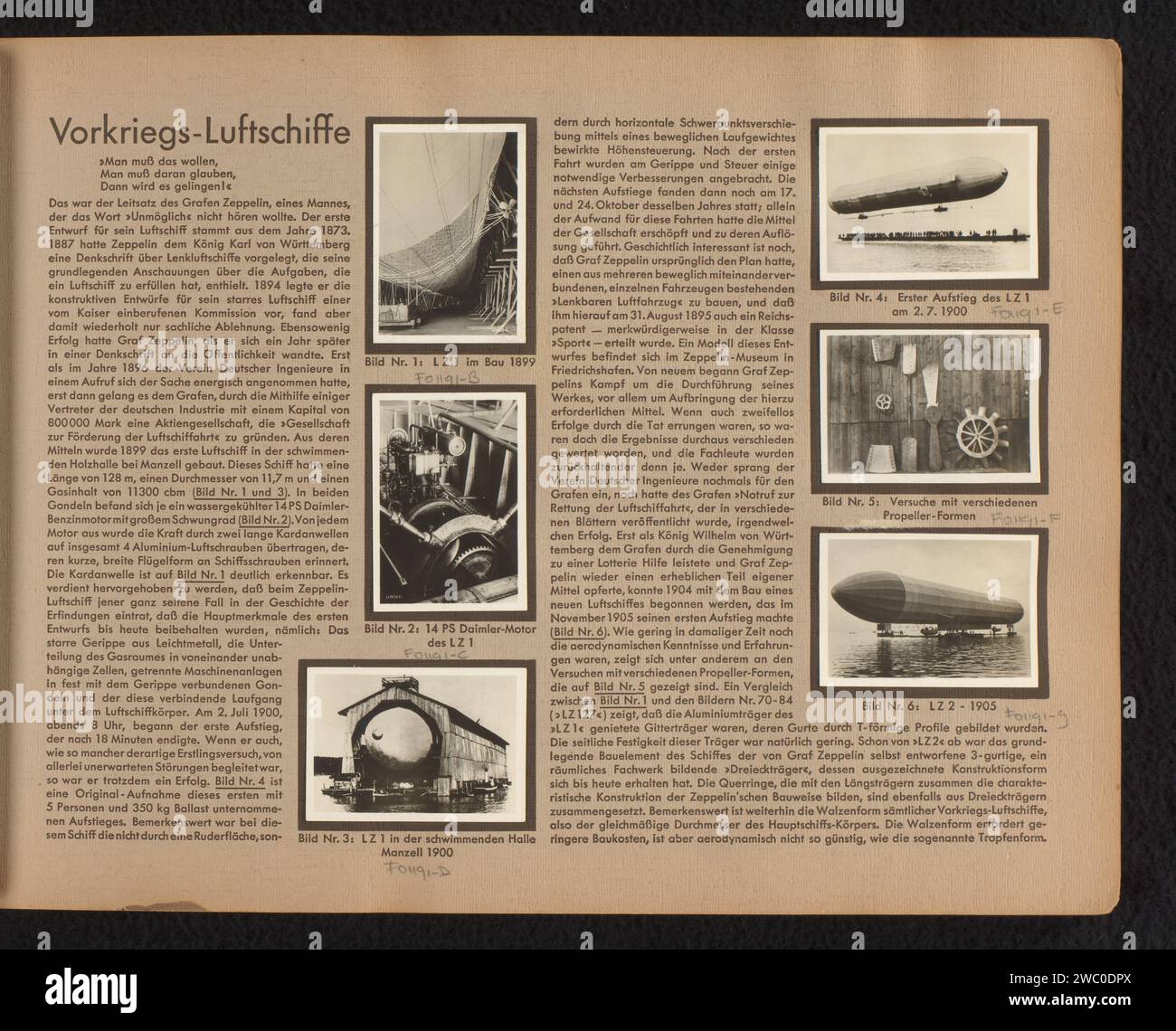 Erster und zweiter Zeppelin, Anonym, um 1899 - um 1905 Foto Seite mit sechs Fotos des ersten Zeppelins, des LZ1, der Konstruktion, Teile und der ersten Erhebung davon und des Baus des zweiten Zeppelins, LZ2. Alle Fotos sind mit einer Nummer und einem Titel versehen. Diese Seite ist Teil eines Albums. Papier. Fotografische Unterstützung Gelatine Silberdruck 46C35 Luftschiff, zeppelin Stockfoto