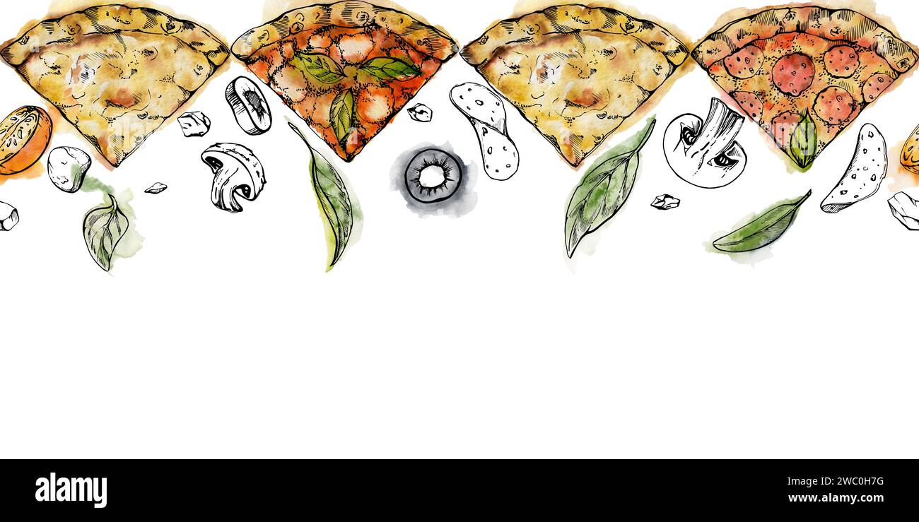 Handgezeichnete Aquarelltinte Illustration. Pizza-Scheiben und -Beläge, italienische Küche. Nahtloser Rand isoliert auf weiß. Design für Stockfoto