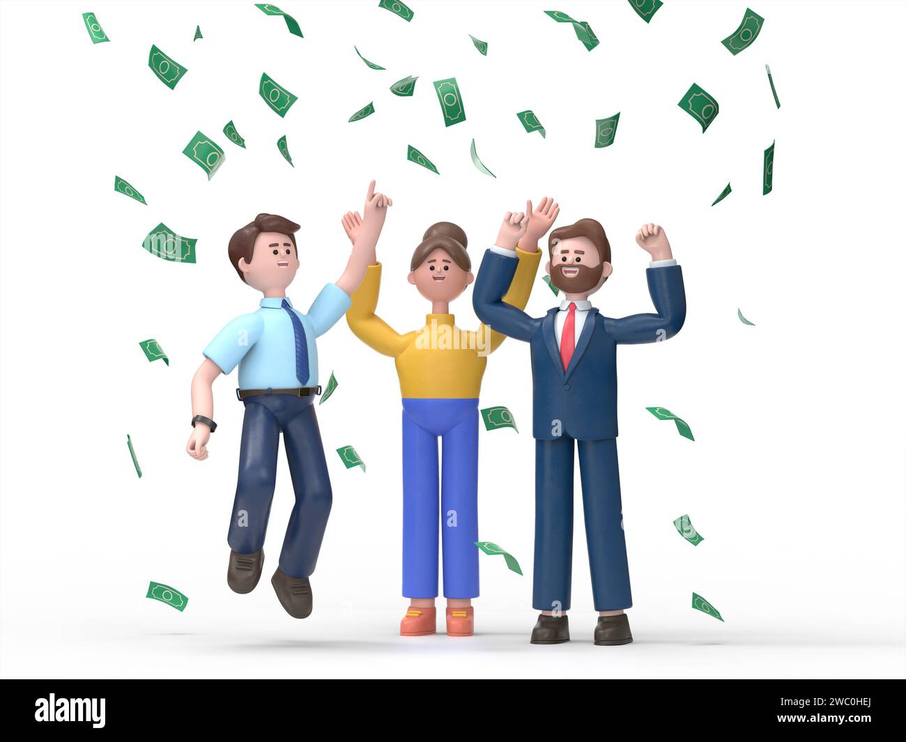 3D-Illustration eines glücklichen Geschäftsteams feiert Erfolg unter Geld Regen Banknoten Bargeld fällt auf weißen Hintergrund. Junger Mann und Frau ha Stockfoto