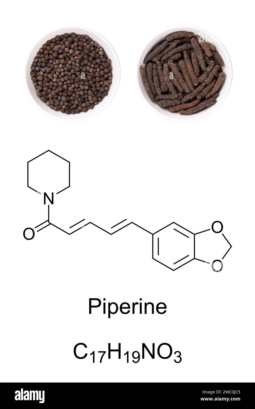 Getrocknete schwarze Pfefferkörner und lange Pfefferkatzen in weißen Schüsseln, mit chemischer Formel und Struktur des Piperins, verantwortlich für die Schärfe. Stockfoto