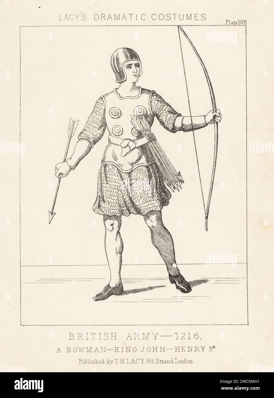 Ein bowman mit der englischen Armee, Ära von König Johann und König Heinrich III., 13. Jahrhundert. In Helm, Rucksack, Kettenhemd, bewaffnet mit langem Bogen, ein Dutzend Pfeile in seinem Gürtel. Lithografie aus Thomas Hailes Lacy's männliche Kostüme, Historical, National and Dramatic in 200 Plates, London, 1865. Lacy (1809–1873) war ein britischer Schauspieler, Dramatiker, Theatermanager und Verleger. Stockfoto