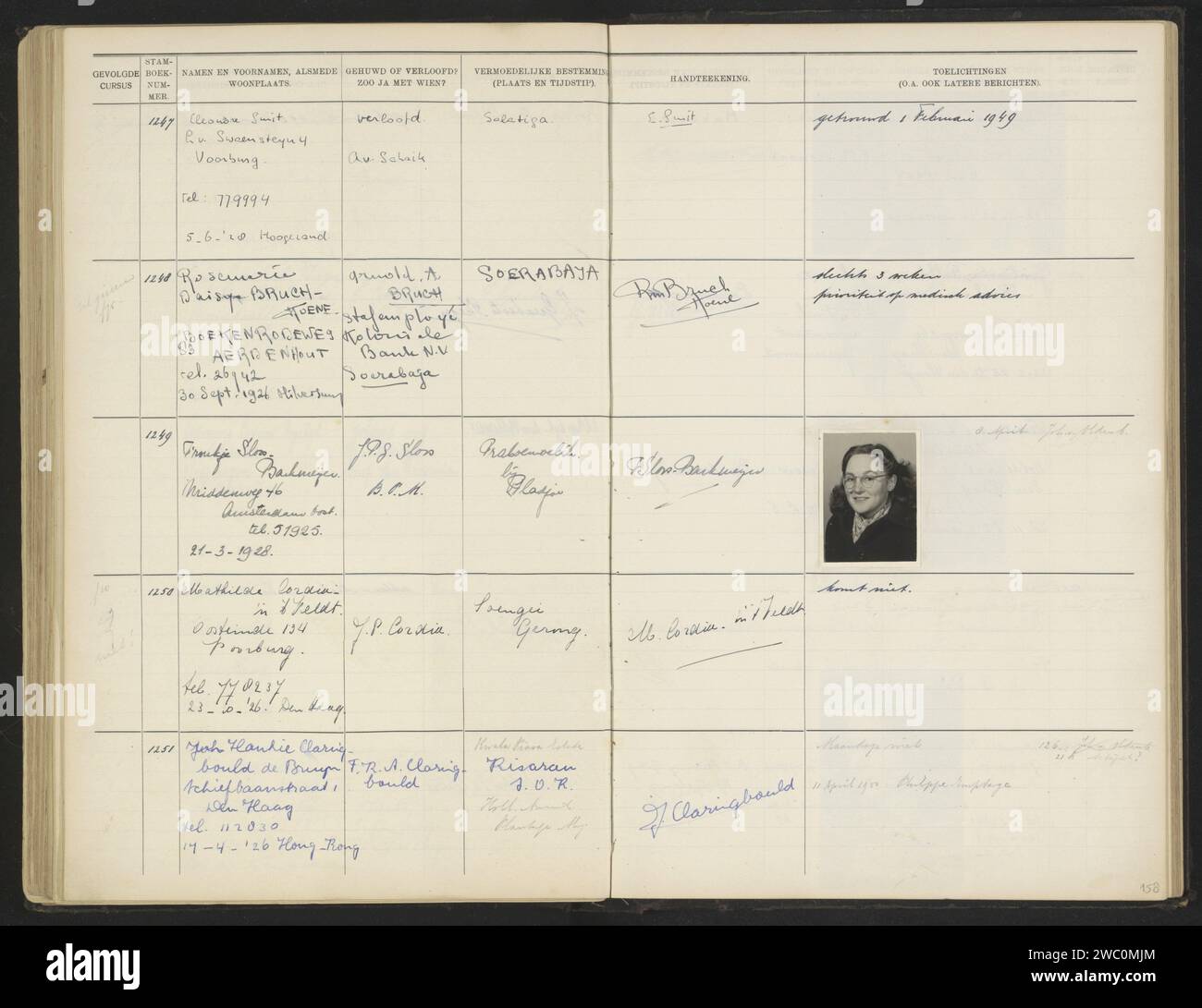 Seite 158 aus dem Zuchtbuch der Schüler der Kolonialschule für Mädchen und Frauen in den Haag Teil II (1930-1949), ca. 1949 Fotografie zwei Seiten mit Daten von Kursteilnehmern, Zuchtbuchnummern 1247 bis 1251. Da die Datumsbezeichnung in der ersten Spalte fehlt, ist nicht klar, welcher Kurs es ist. Angesichts der kontinuierlichen Zuchtbuchzahlen sind es wahrscheinlich Schüler des letzten Schuljahres 1949. Am 29. Dezember 1949, nach der Übertragung der Souveränität an Indonesien, schloss die Kolonialschule ihre Tore für immer. Teil des Zuchtbuchs der Schüler der Kolonialschule für Gr Stockfoto