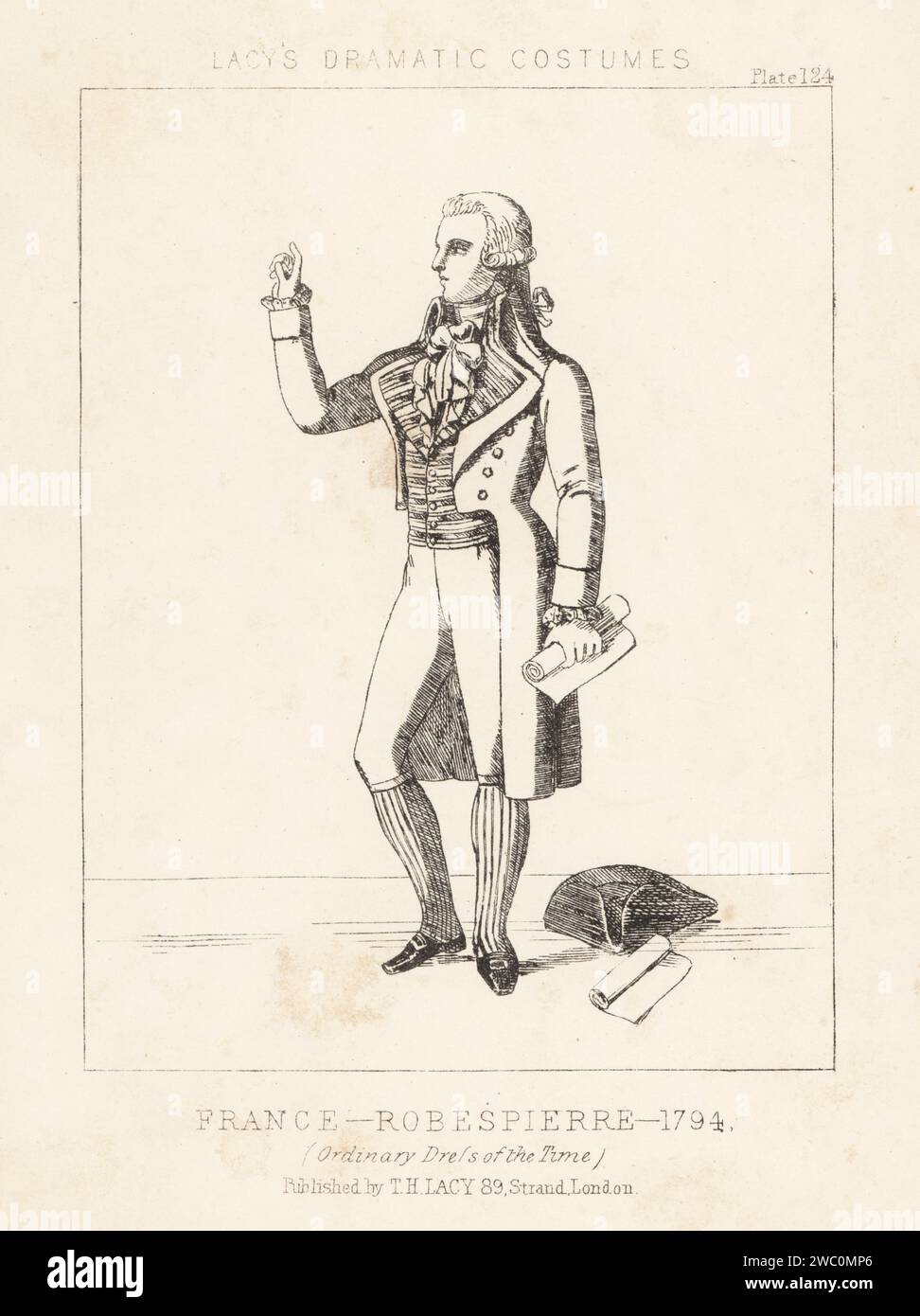 Maximilien Robespierre, Rechtsanwalt und Staatsmann während der Herrschaft des Terrors im revolutionären Frankreich, 1794. Gewöhnliches Kleid der Zeit, Reitmantel, Reithose und Hose, Schnallenschuhe, mit Tricorne und Rollen. Lithografie aus Thomas Hailes Lacy's männliche Kostüme, Historical, National and Dramatic in 200 Plates, London, 1865. Lacy (1809–1873) war ein britischer Schauspieler, Dramatiker, Theatermanager und Verleger. Stockfoto